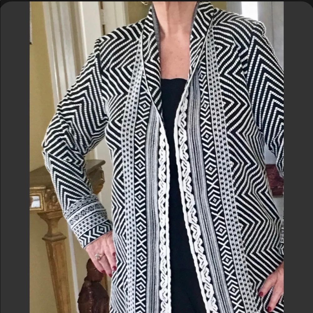 Chico’s Chevron Black and White Stripe Long Open Cardigan